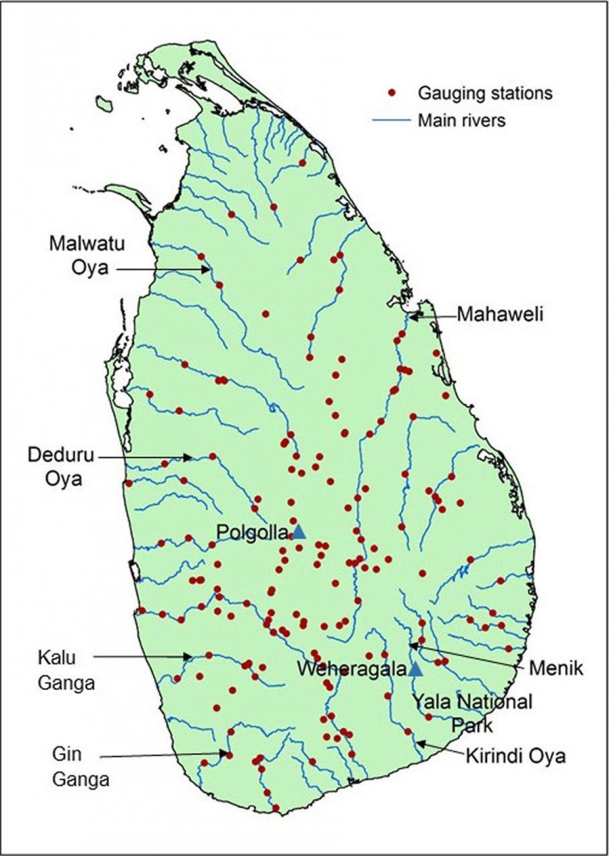 Sri Lanka vigtigste floder kort