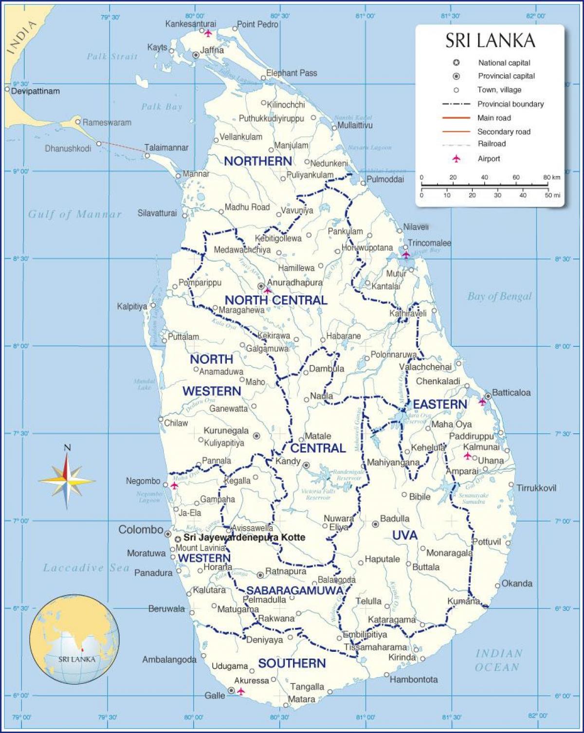 kort af internationale lufthavne i Sri Lanka