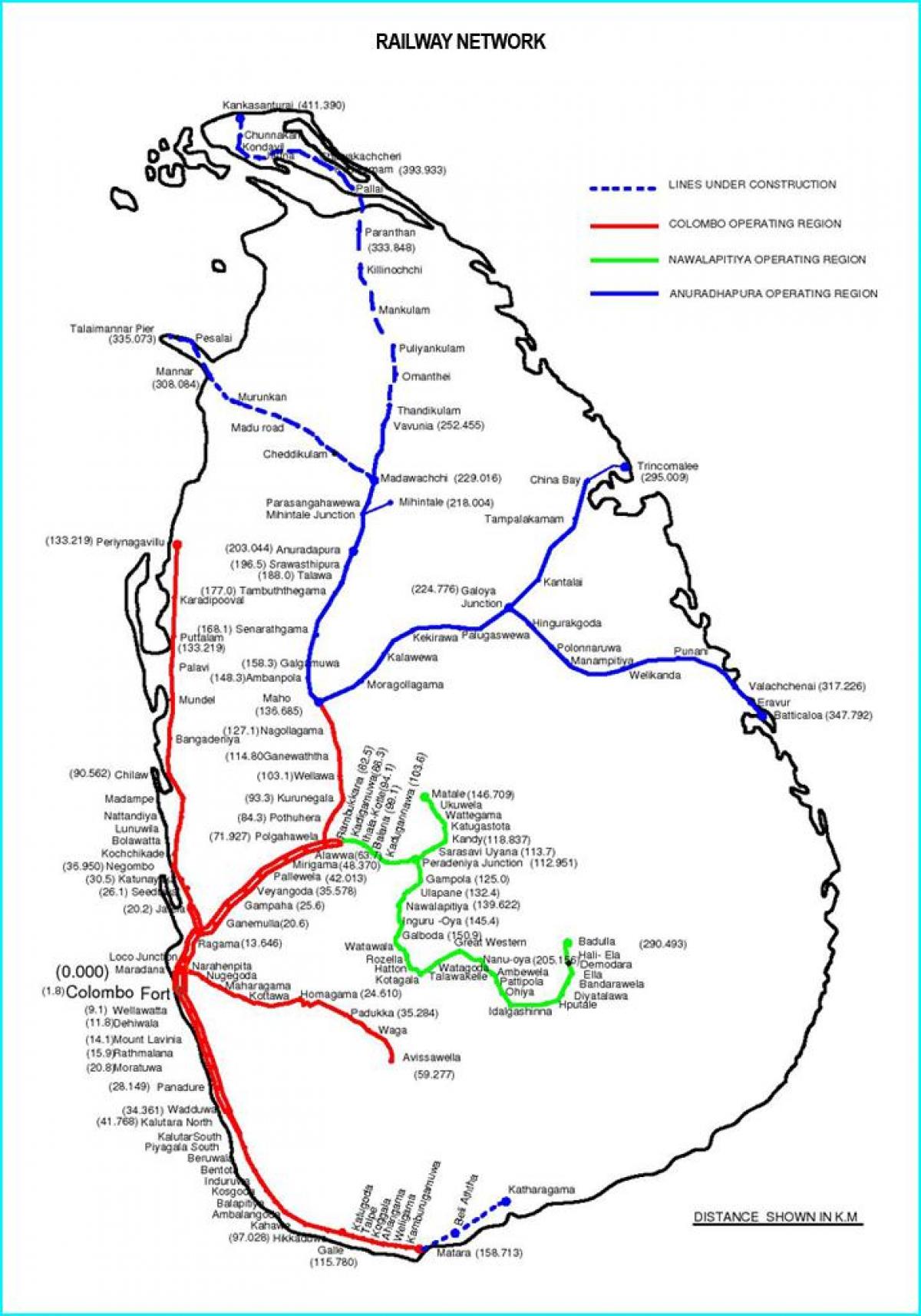 Sri Lanka jernbanenet kort