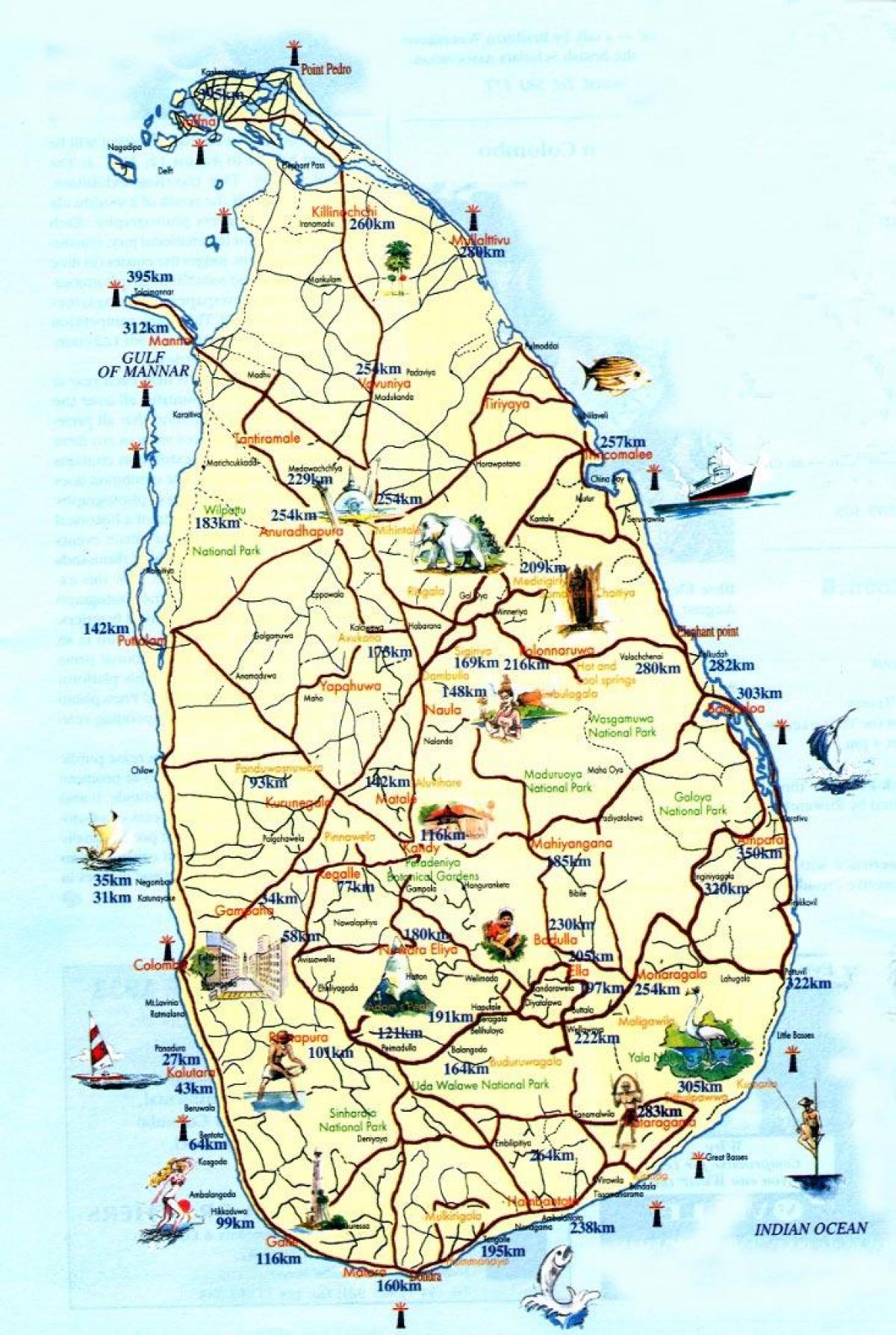 turist kort over Sri Lanka med byer