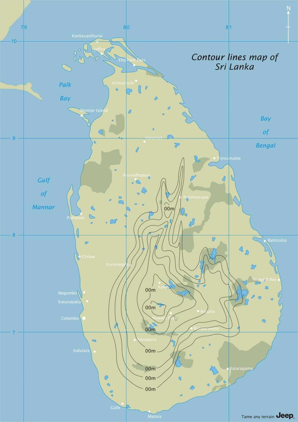kort over konturkort af Sri Lanka