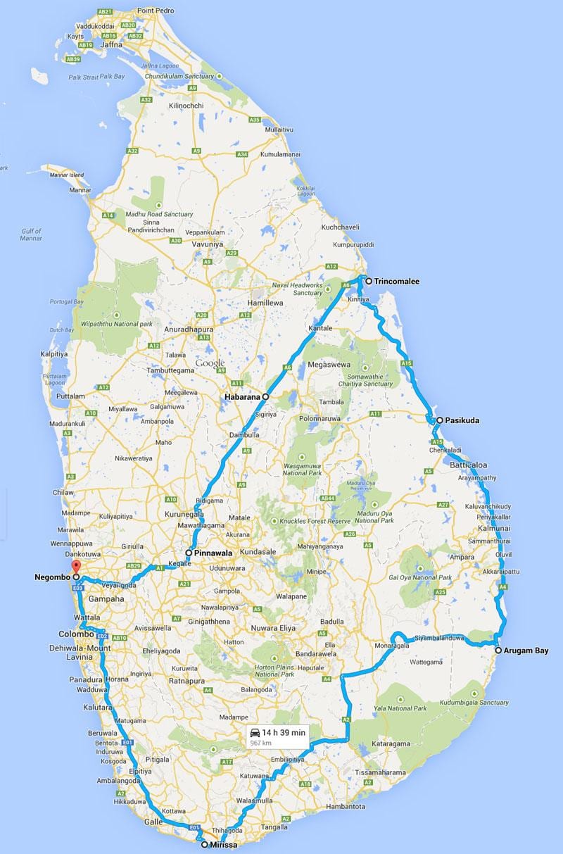 Sri Lanka bedste strande kort