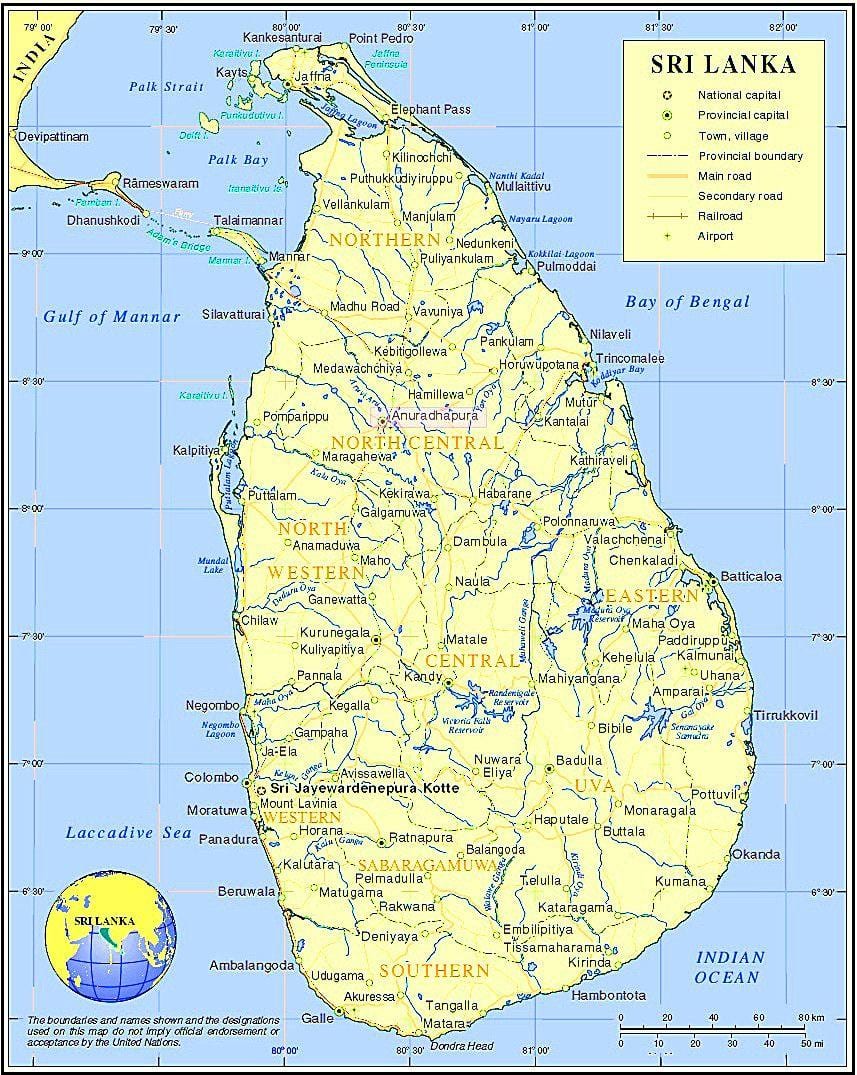 kort over søer i Sri Lanka