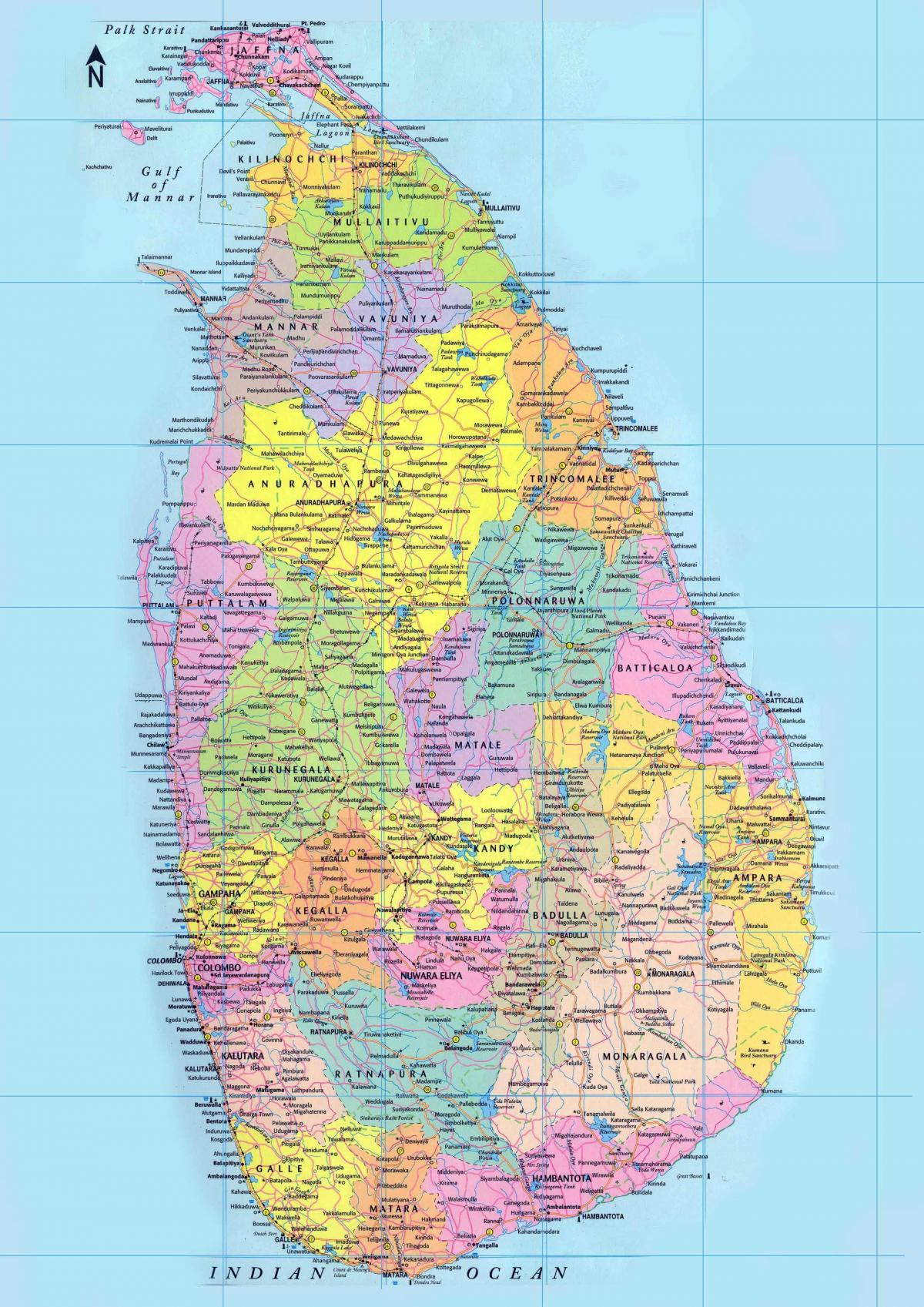 detaljeret kort over Sri Lanka med veje