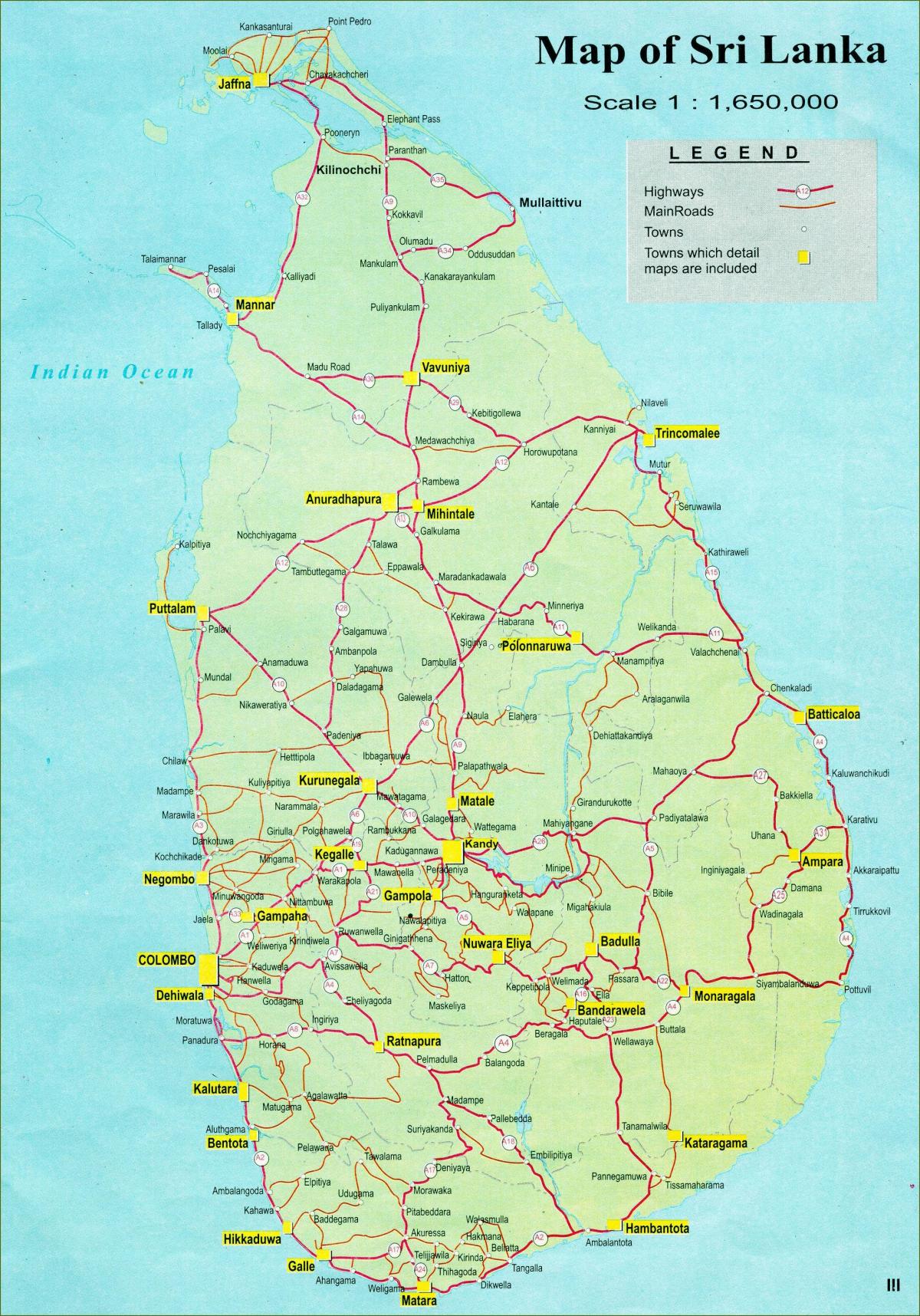 kort over turist kort over Sri Lanka med vej
